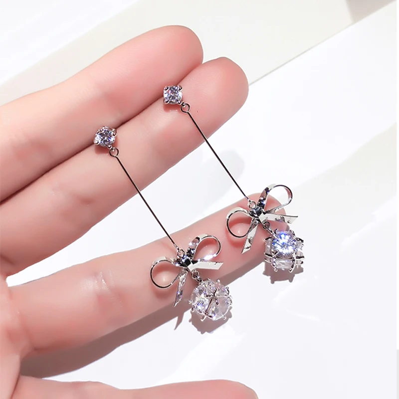 

Top Quality Korean Bowknot 925 Sterling Silver Long Stud Earrings Jewelry for Women CZ Zircon Crystal Statement Earring