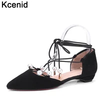 Kcenid/Новые Модные женские повседневные замшевые туфли на плоской подошве с жемчугом и шнуровкой удобная обувь с острым носком и перекрестной шнуровкой Женская обувь, большие размеры 34-41