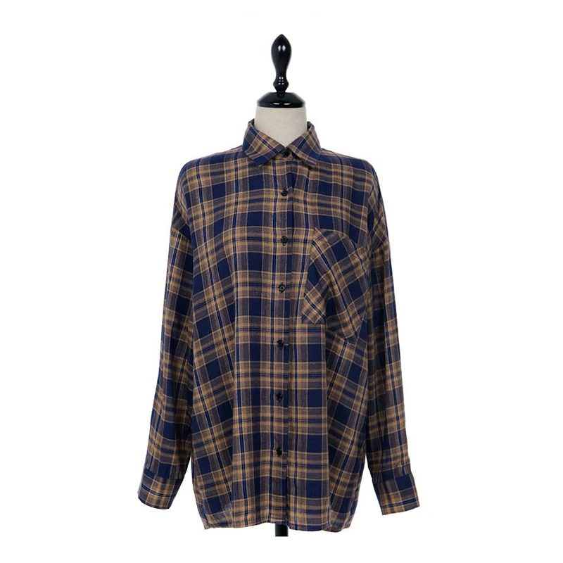  Plaid Shirt Women Fall 2018 Pockets Button Casual Loose Women Blouses Long Sleeve Cotton Woman Clot