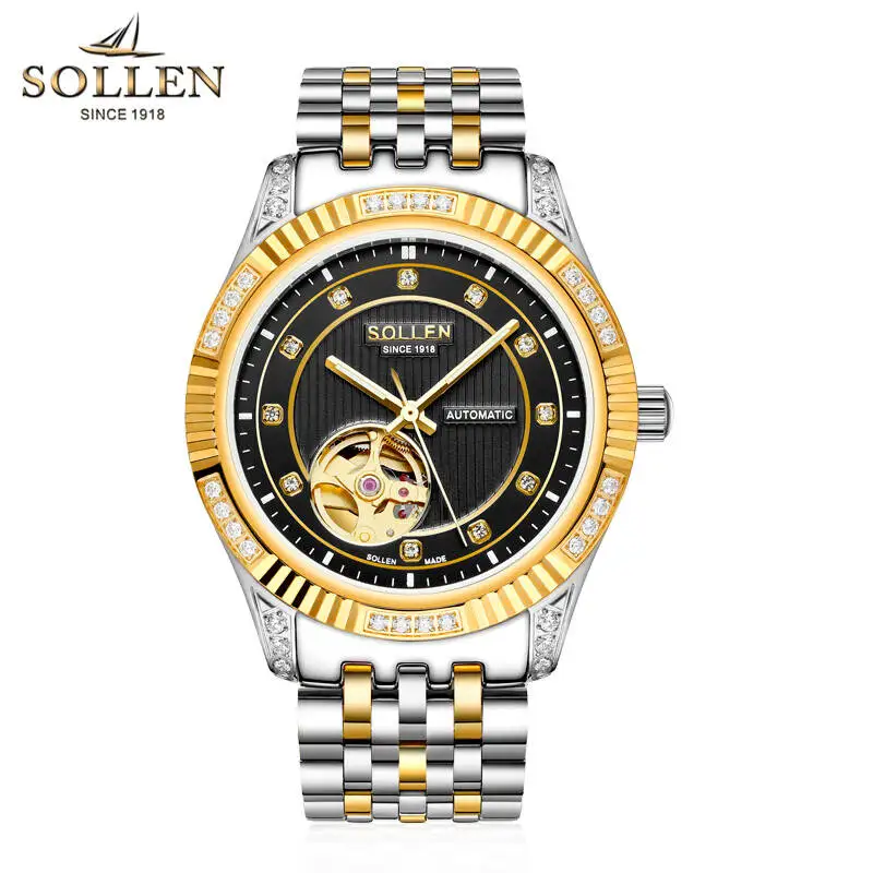 

SOLLEN watches men luxury brand japan MIYOTA skeleton automatic mechanical business Luminous diamond black relogio masculino