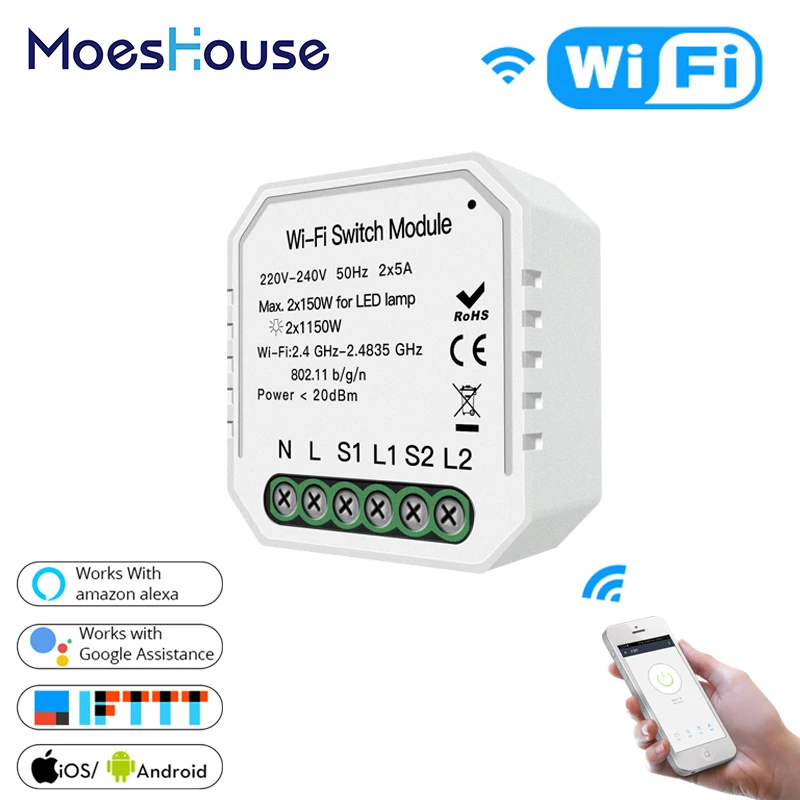 1 PC 2 комплекта WiFi умный светильник-переключатель скрытый Diy модуль Smart Life/приложение Tuya дистанционное управление работает с Alexa Echo Google Home 1/2 способ - Цвет: 1 PC