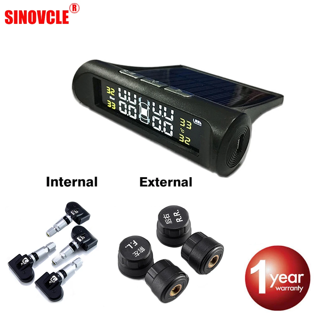 

SINOVCLE Tire Pressure Alarm Sensor Monitor System Tpms Car Display Internal / External Solar Power Charging Temperature Warning