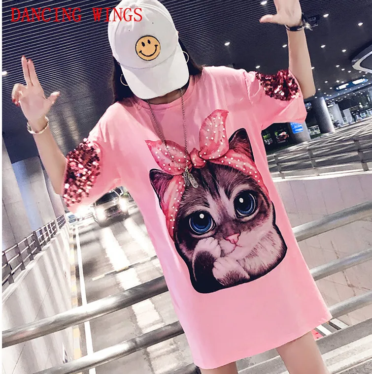 

funny t shirts women 2018 summer women loose sequins straight t shirt black white pink casual cat printing tees