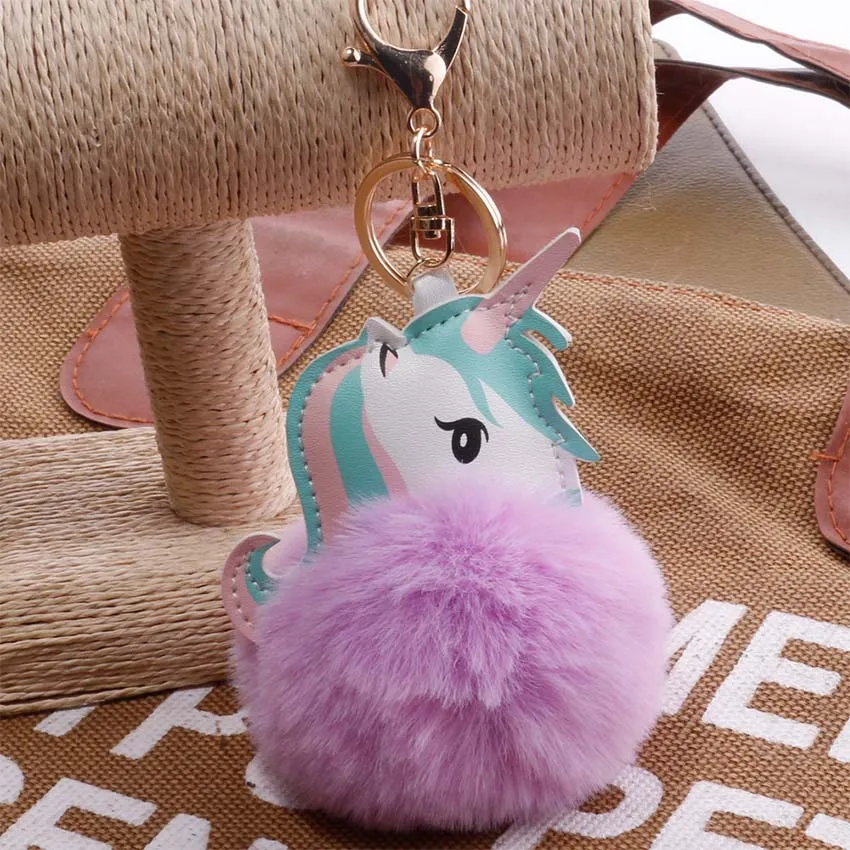 

2019 Horse Unicorn Pompon Fluffy porte clef pompom de Fourrure women femme Pom Pom Keychain Rabbit Fur Ball Key Chain llavero