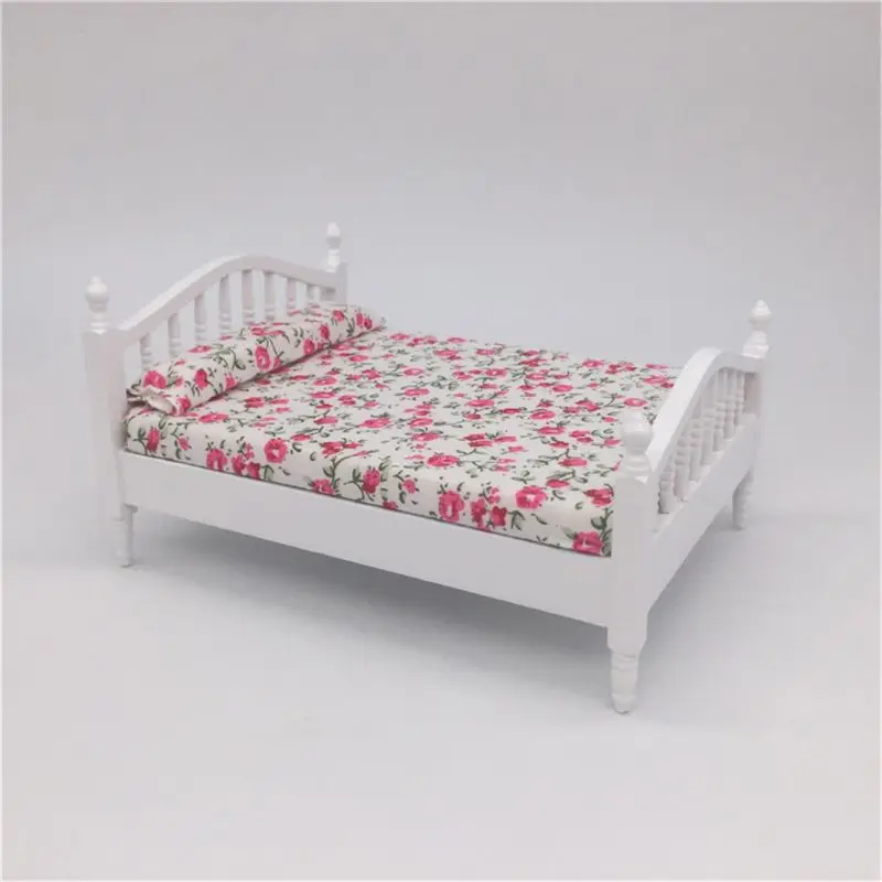 Dollhouse Accessories Wooden Double Queen Bed Flower Pattern Mini Furniture For 1/12 Scale Doll