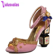 

VulusValas Size 34-43 Women Real Leather High Heel Sandals Peep Toe Beading Vintage Shoes Women Thick Heel Pumps Women Shoes