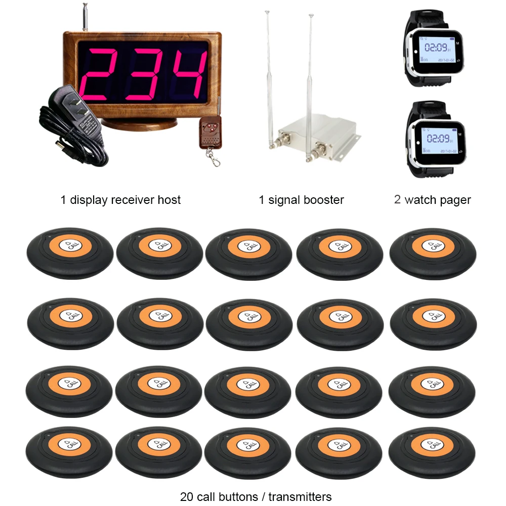

JINGLE BELLS Wireless Waiter Calling System For Restaurant, Hotel 20 call button+1 main host+2 watch pager+1 signal booster