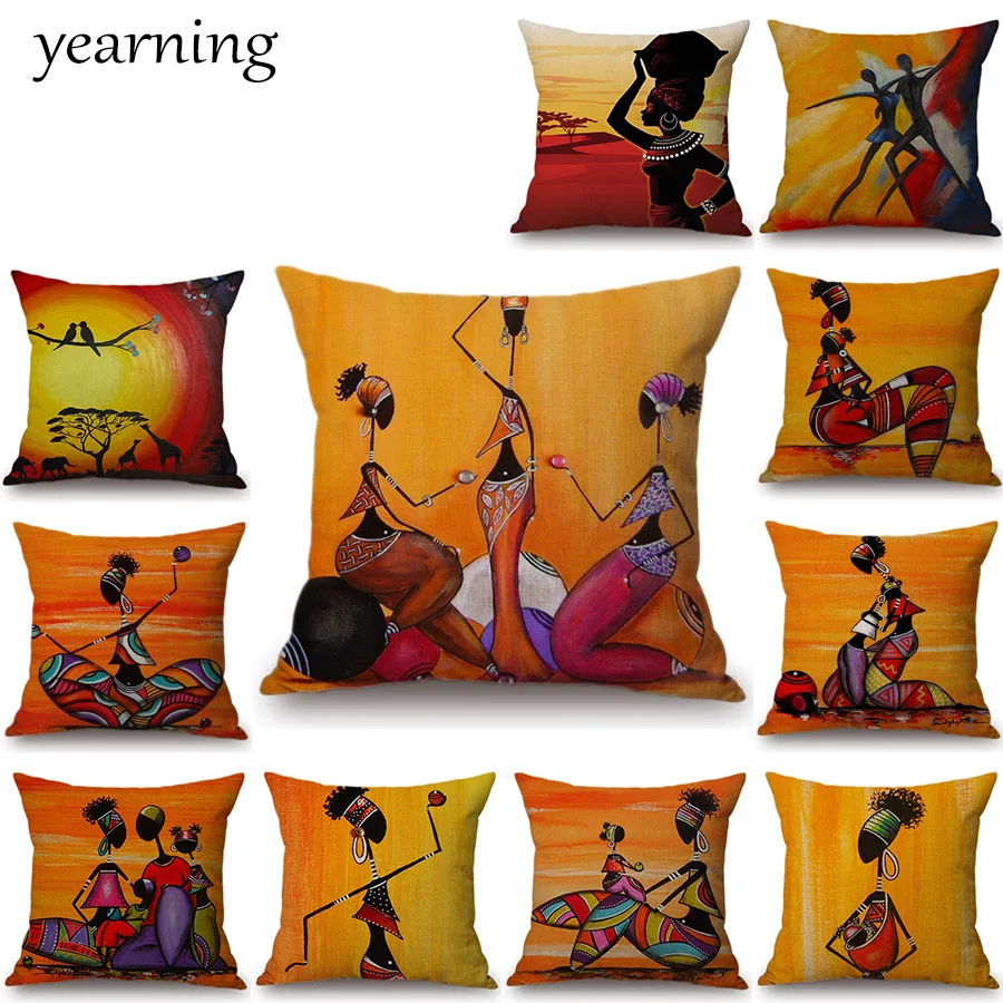 

African Life Pattern Cushion Cover Yellow Color Printed Linen Cotton Pillow Cases Decoration Bedroom Chaise Throw Pillow Covers
