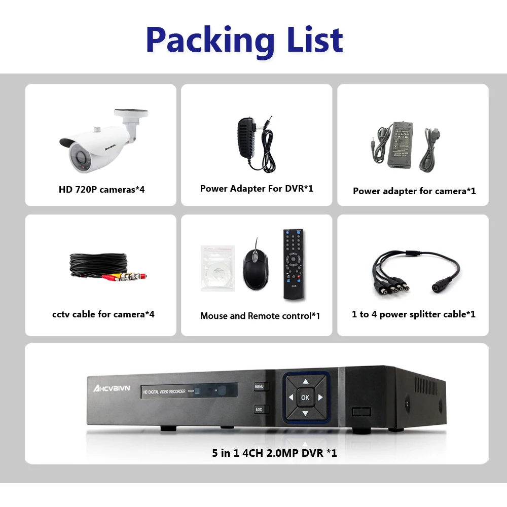  AHCVBIVN 4CH DVR CCTV System 4PCS Cameras 4CH 1.0 MP IR Outdoor Security Camera 720P HDMI AHD CCTV  - 32931554647