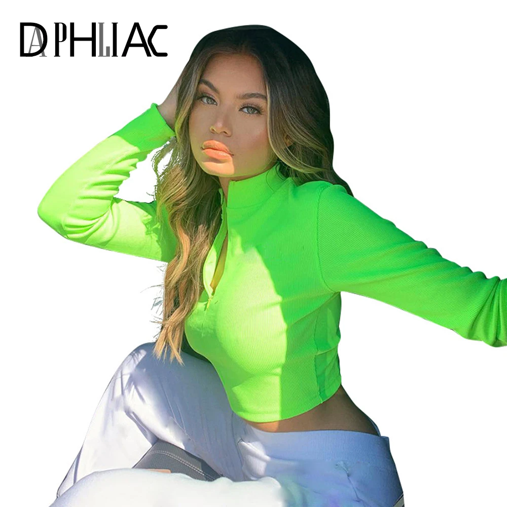 

Solid Womens Shirts V Neck Long Sleeve Zipper Short Tops Spring Autumn Slim Sporting Female T Shirt Fluorescent Pullover