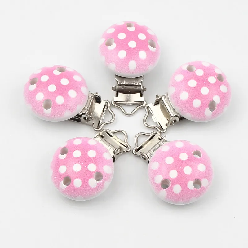 

Safe Wooden Baby Pacifier Clips Fit Children Funny Clasps Metal Holders Pink Dot Pattern Baby Clips Product 5Pcs/Lot