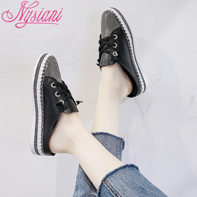 

2019 Summer Casual Women Leather Slipper Split Leather Mixed Colors Flat Platform Slip-on Round Toe Fashion Lazy Shoes Nysiani
