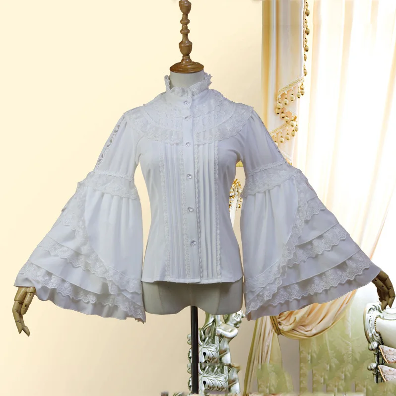 

White Chiffon Neck Bow Ruffle Stand Collar lace Flare Sleeve Vintage Victorian Blouse Gothic Palace Hot Sell Shirts And Blouses