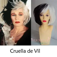 Аниме Cruella de Vil парики для женщин черный белый микс Пушистые синтетические Косплей парики термостойкие парики к костюму+ парик колпачок