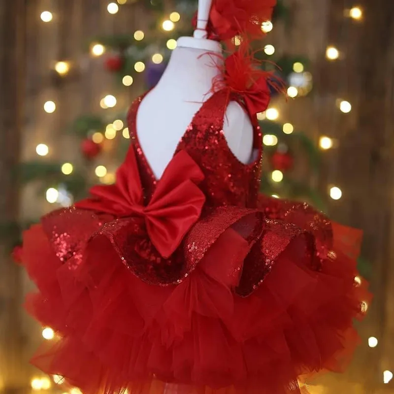 Red Ball Gown Baby Girls Dresses For Weddings Sequined Tiered Puffy Tulle Pageant Dress Kids Birthday Size 2-14Y | Детская одежда и