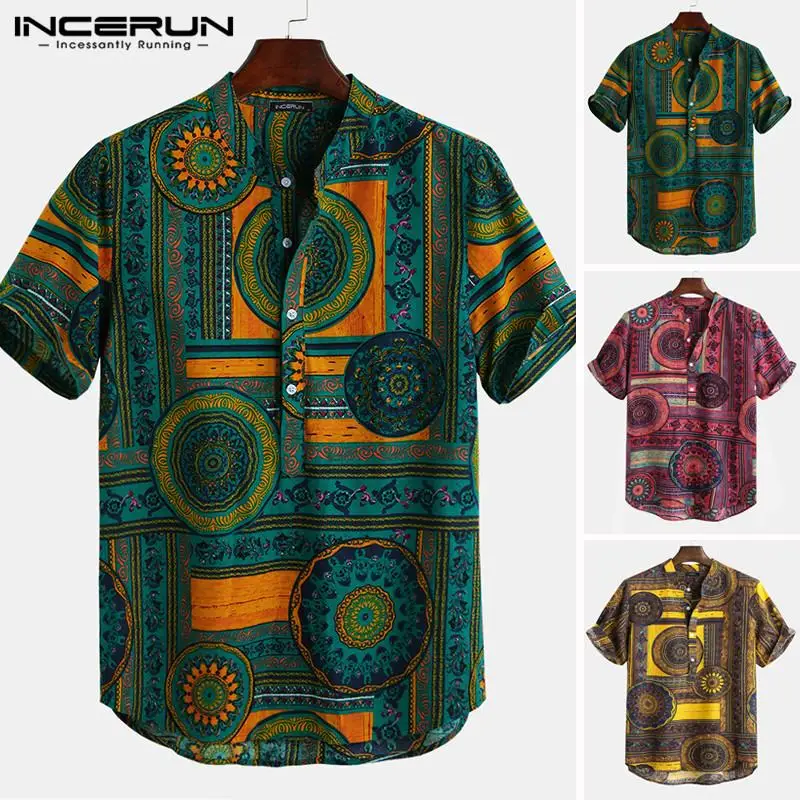 INCERUN, мужская рубашка с коротким рукавом, в этническом стиле, с принтом, со стоячим воротником, свободные топы, мужская повседневная гавайская рубашка, уличная рубашка, Camisa, S-5XL
