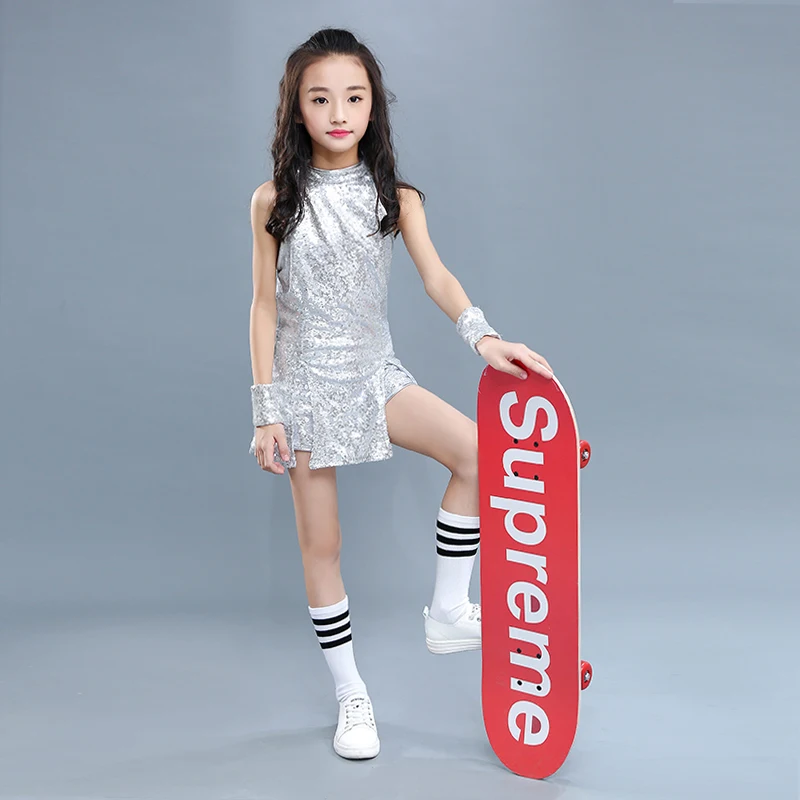 Children Sequin Jazz Dance Costume Girl Hop-hip Dance Clothing Tops +Pants Street Dance Costumes DJ/DS Damce Garment 90