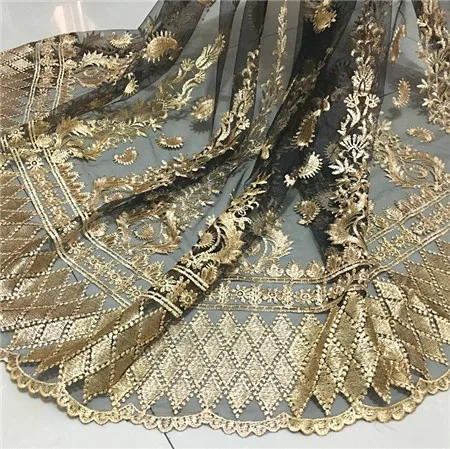 

Embroidered black bottom mesh lace gold thread embroidery clothing fabric positioning wavy lace fabric cloth