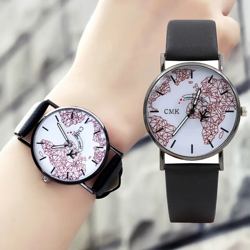 

Relogio 2018 New Arrivals Aircraft Pointer Men Watch World Map Unisex Watches Fashion Simple Leather Women Watch Erkek Kol Saati