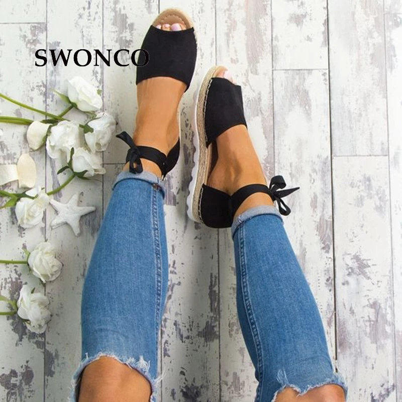 

SWONCO Women's Sandals 2018 Summer Fashion Ankle Strap Hemp Fisherman Shoes Gladiator Sandals Women Platform Plus Size Shoes