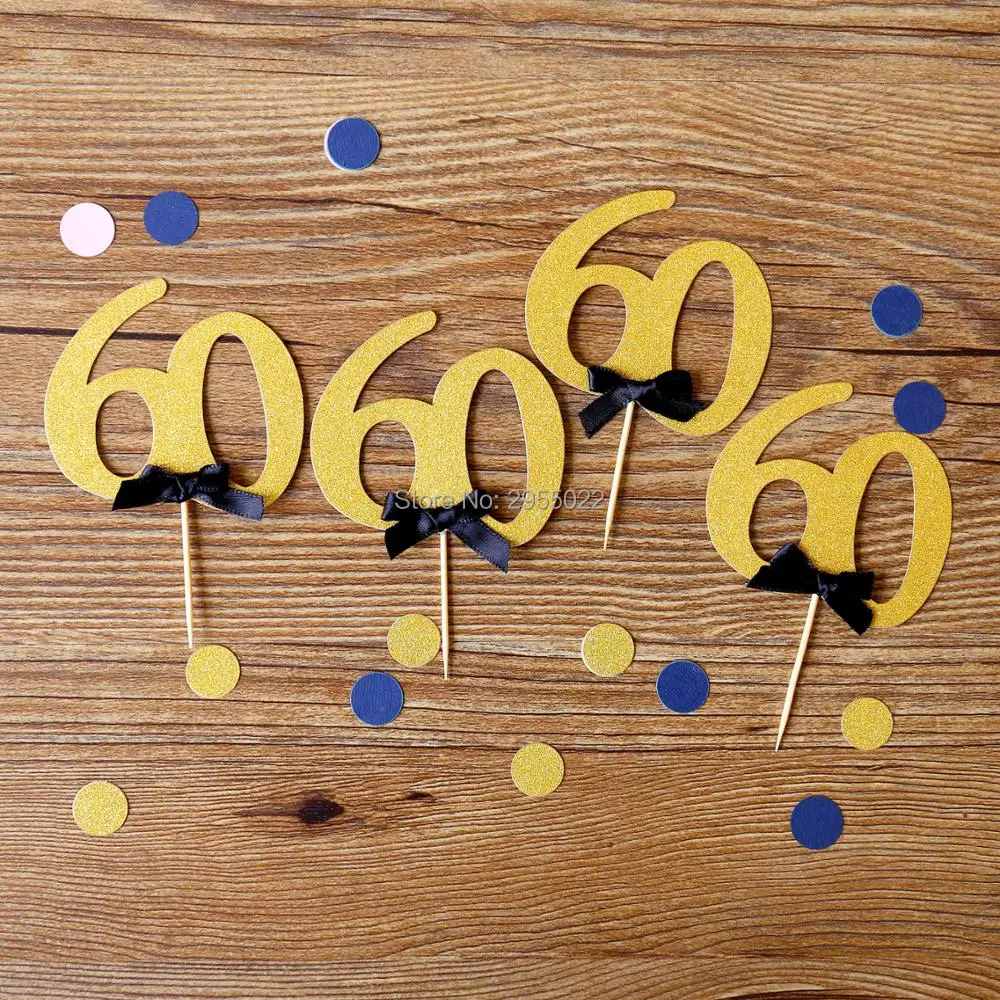 Glitter 60th Birthday Cake Toppers 24 Set Ribbon Bow 60 Year