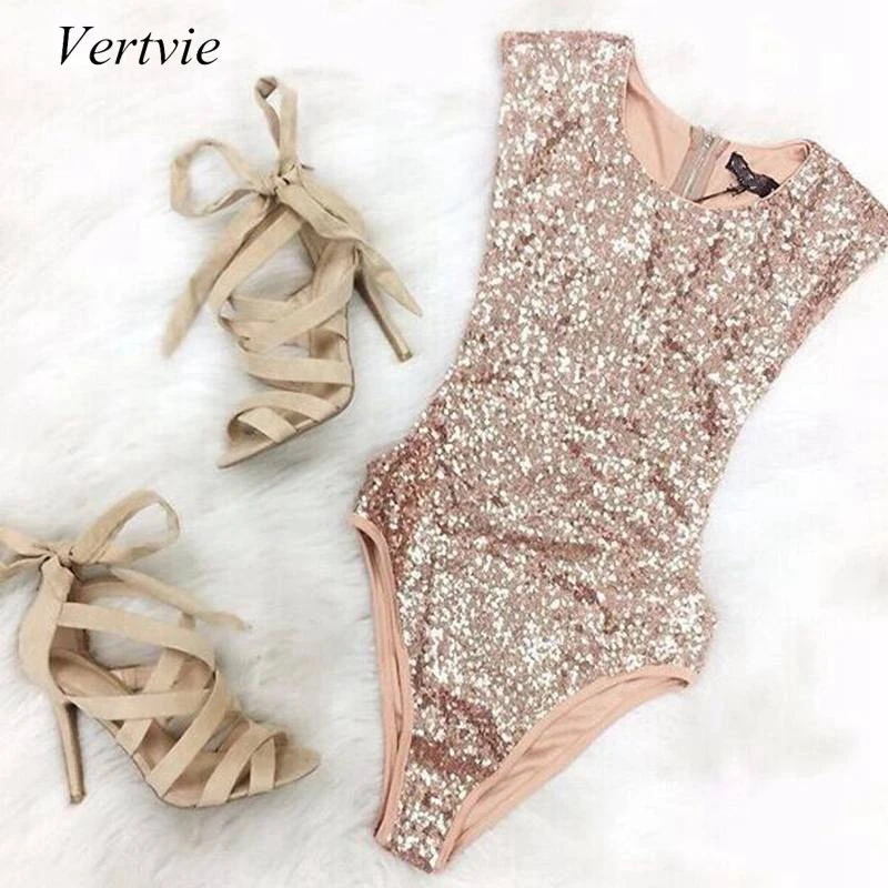 

Vertvie Summer Hot Sale Zipper One Piece Swimsuits Gold Sequins Women Sleeveless Swimwear Female Beach Bathing Suit Biquini