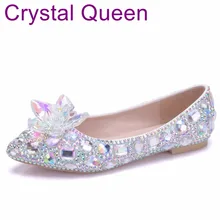 Кристалл Queen с цветами и стразами Свадебные туфли на плоской подошве острый носок плюс Размеры балетки на плоской подошве Для женщин Свадебная обувь