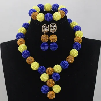 

Mix Royal Blue Yellow Plastic Balls Choker Necklaces Set Women Nigerian Wedding African Beads Jewlery Set Free Shipping WD580