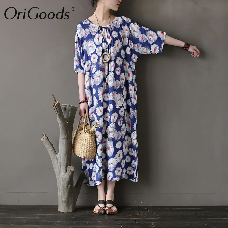 

OriGoods Cotton Flower print Women Long Dress Plus size Floral Casual Summer Dress Women Blue New Dress Robe Femme Vestidos A295