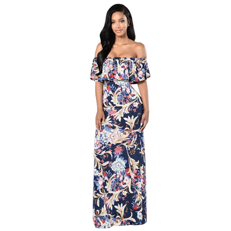 

Runway Maxi Party Dress 2017 Women Party Wear Floor Length Slash Neck Strapless Floral Appliques Vintage Long Dress