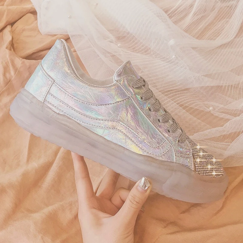 

Fashion Laser Shinning Shoes Women Sneakers Rhinestone+PU Women Casual Shoes Silver Transparent Sole Ladies Shoes r159w