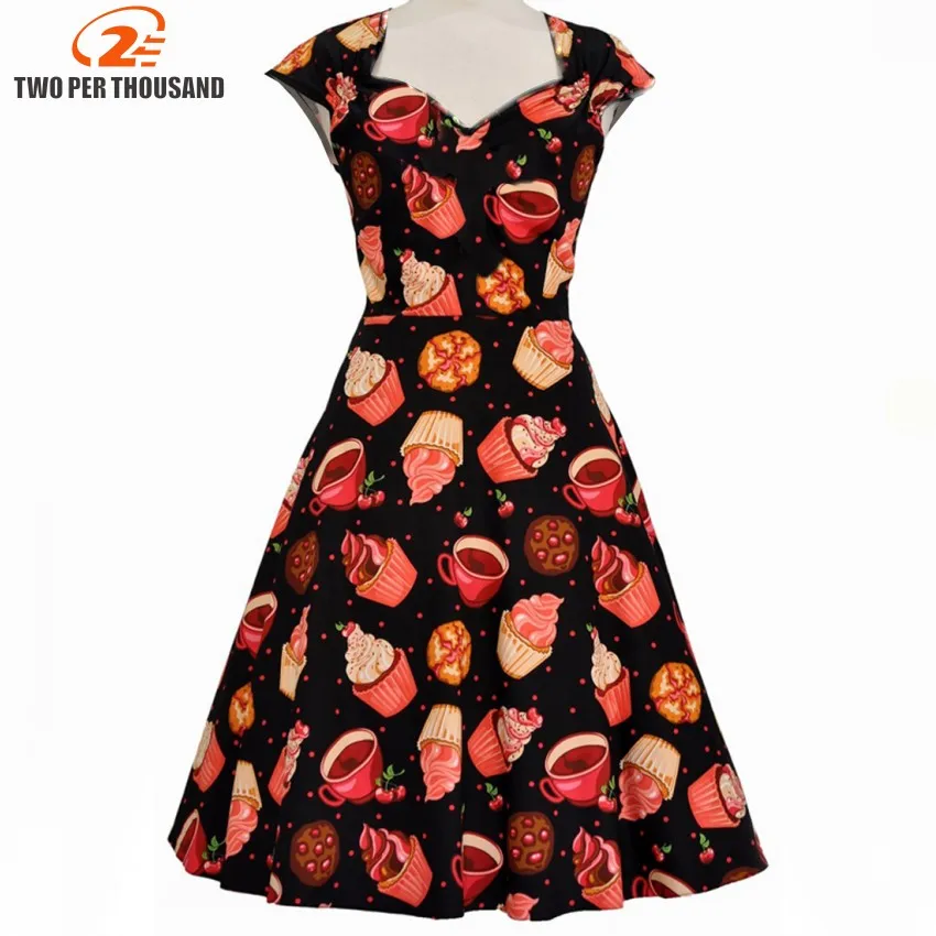 

Elegant Food Print Dress Women Vintage 50s 60s V Collar Wrapped Chest Plus Size 3XL Swing Rockabilly Pin Up Dress