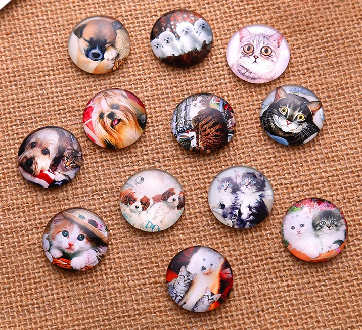 

24pcs 12mm 14mm 16mm Lovely Cat Dog pattern Round Handmade Photo Glass Cabochons & DIY Handmade Cabochon beads Glass Dome Cover