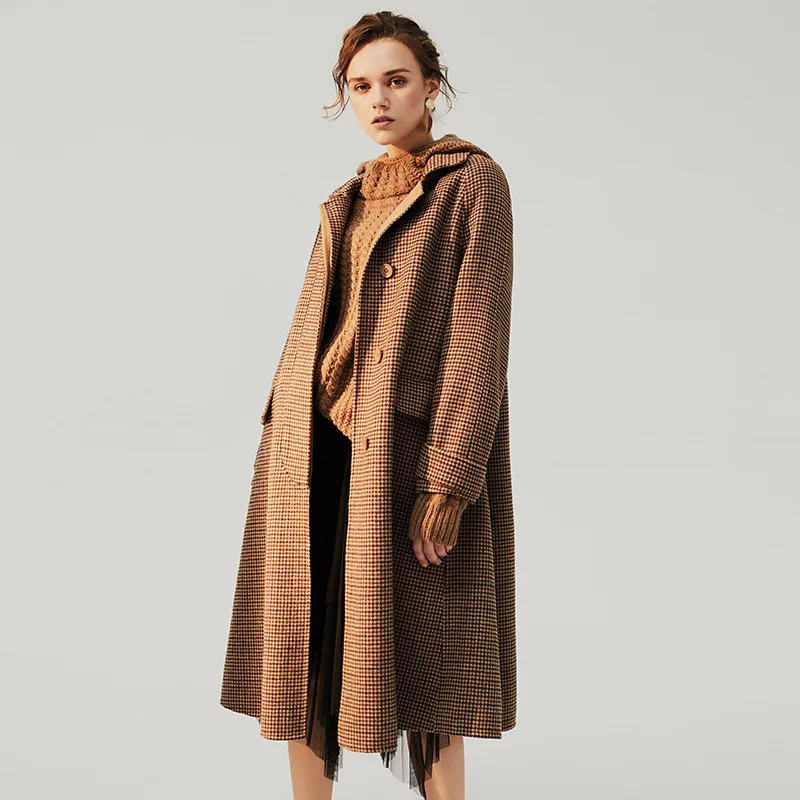 

2019 Winter women new stylish plaid overcoat turn-down collar Wool Two-sided Woolen windbreaker long wool trench coat 5n18050
