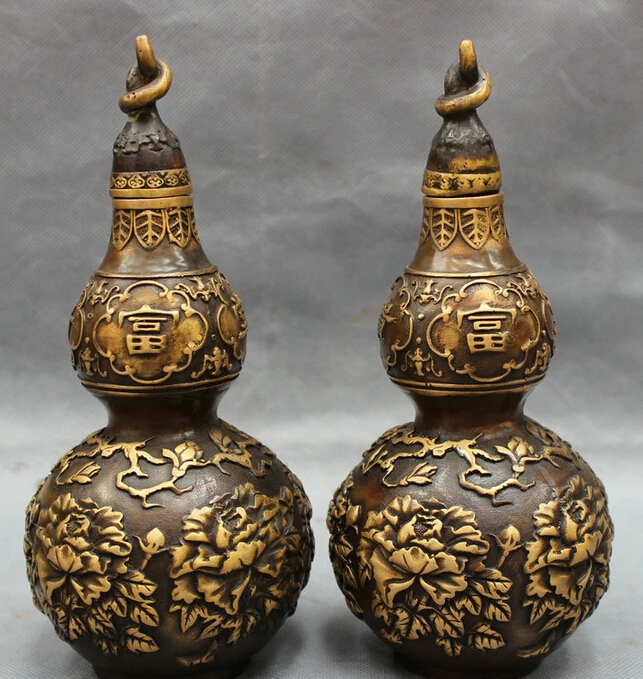 

S5190 8" Folk Chinese Bronze Buddhism FengShui Fu Gui Flower Bottle Gourd Statue Pair D0318