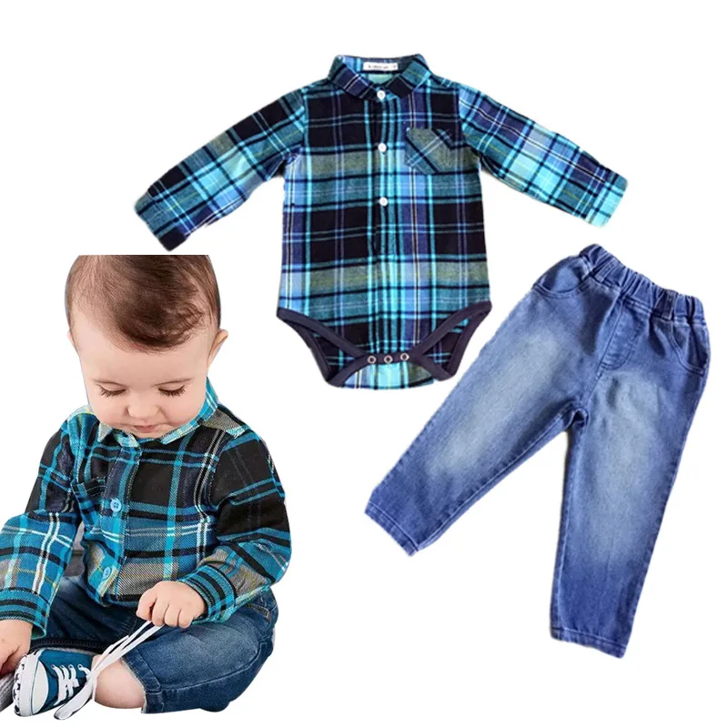 Spring Autumn Cotton Boy Clothing Set Long Sleeved Plaid Shirt + Jeans