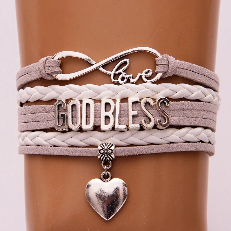 (10pcs/lot) Infinity Love GOD BLESS Bracelet Heart Charm Grey White Leather Rope Wrap Bracelets