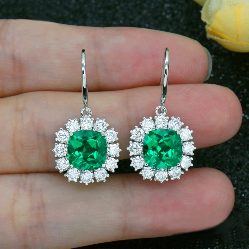 

Solid 14K White Gold Lab Colombia Total 4ctw Emerald Cushion Cut 1.5ct Earrings Halo Moiaasnite Earrings Fine Jewelry For Women