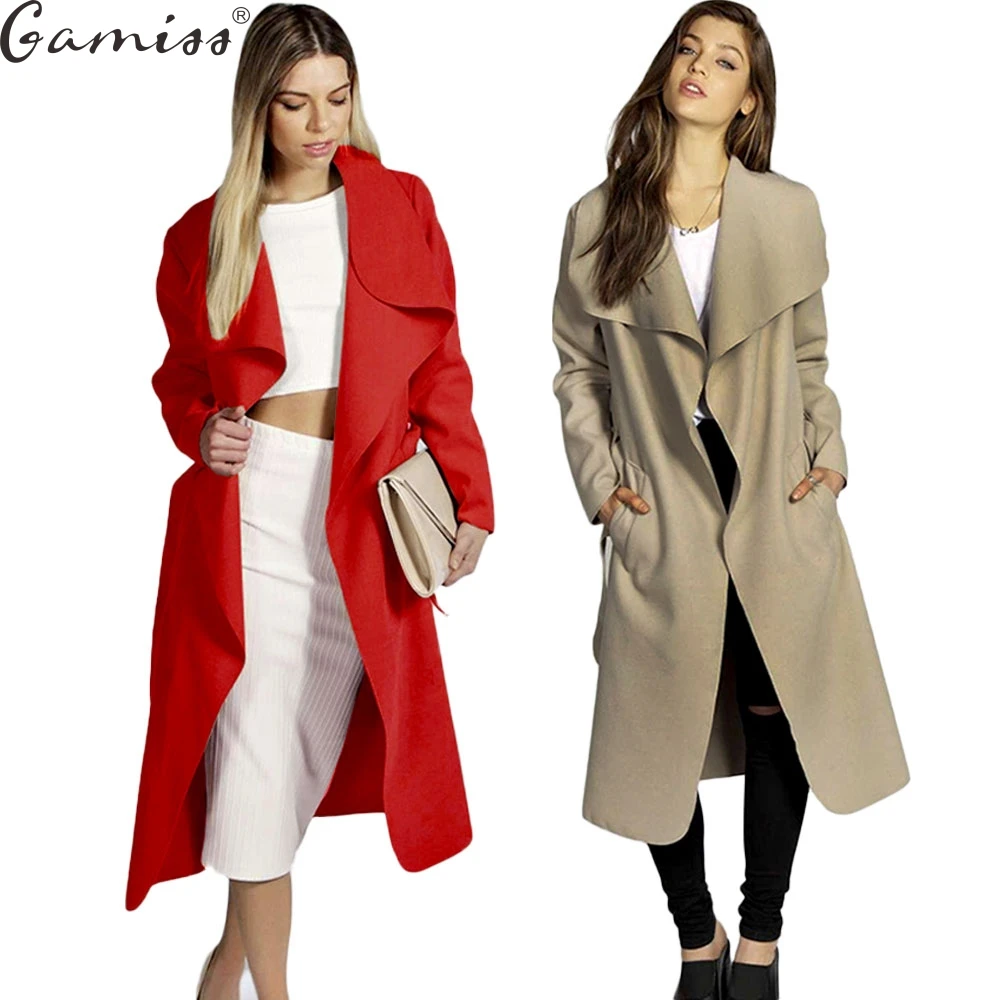 2019 Winter Coat Women Wide Lapel Belt Pocket Wool Blend Coat Oversize Long Red Trench Coat 