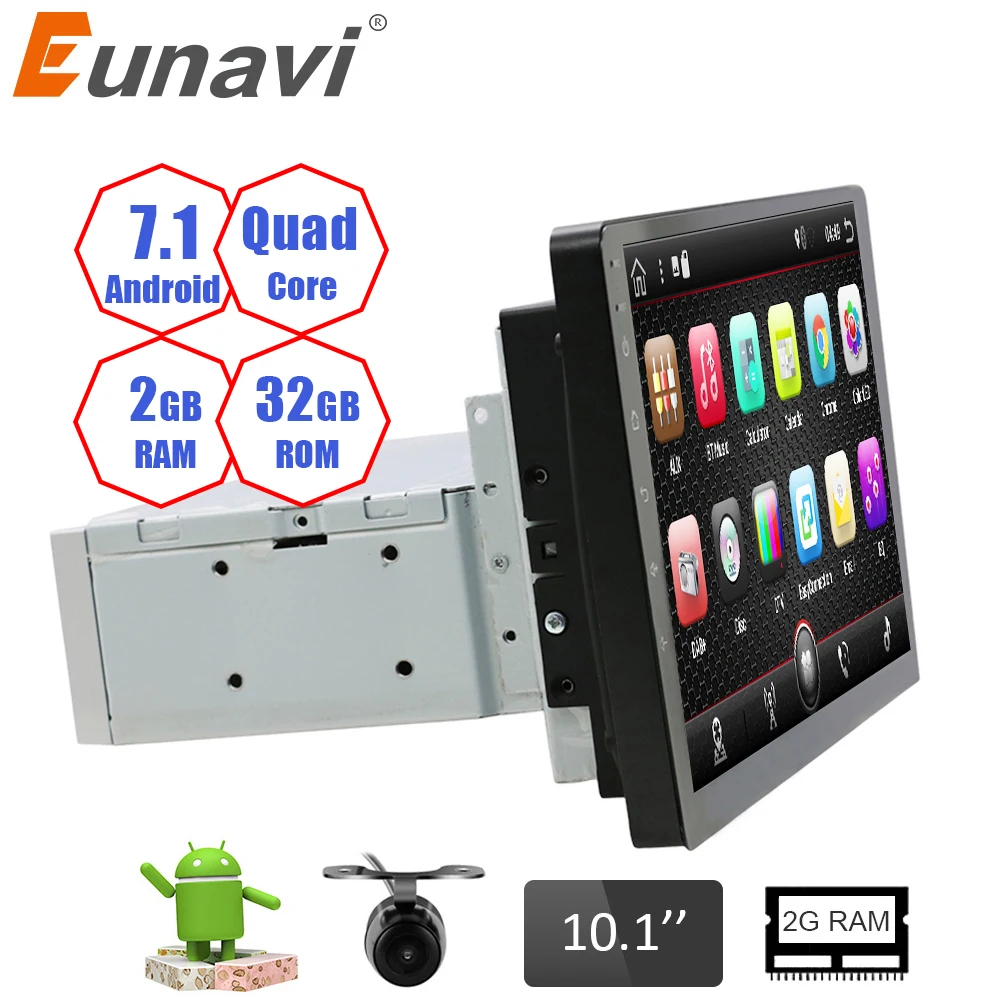 

Eunavi Universal 10.1" 1 Din Android 7.1 Car Radio Stereo GPS Navigation System Head Unit steering wheel control 1024*600 HD USB