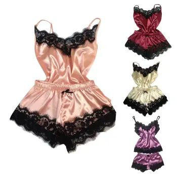 

Womens Sexy Imitated Faux Silk Pajamas Set Deep V-Neck Solid Color Camisole Sleepwear Eyelash Floral Lace Trim Wide Leg Shorts