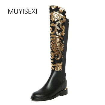 

MUYISEXI Women Genuine Leather+Stretch Fabric with Bling Embroidery Flat Height Increase Winter Knee High Boots 34-42 BLD01