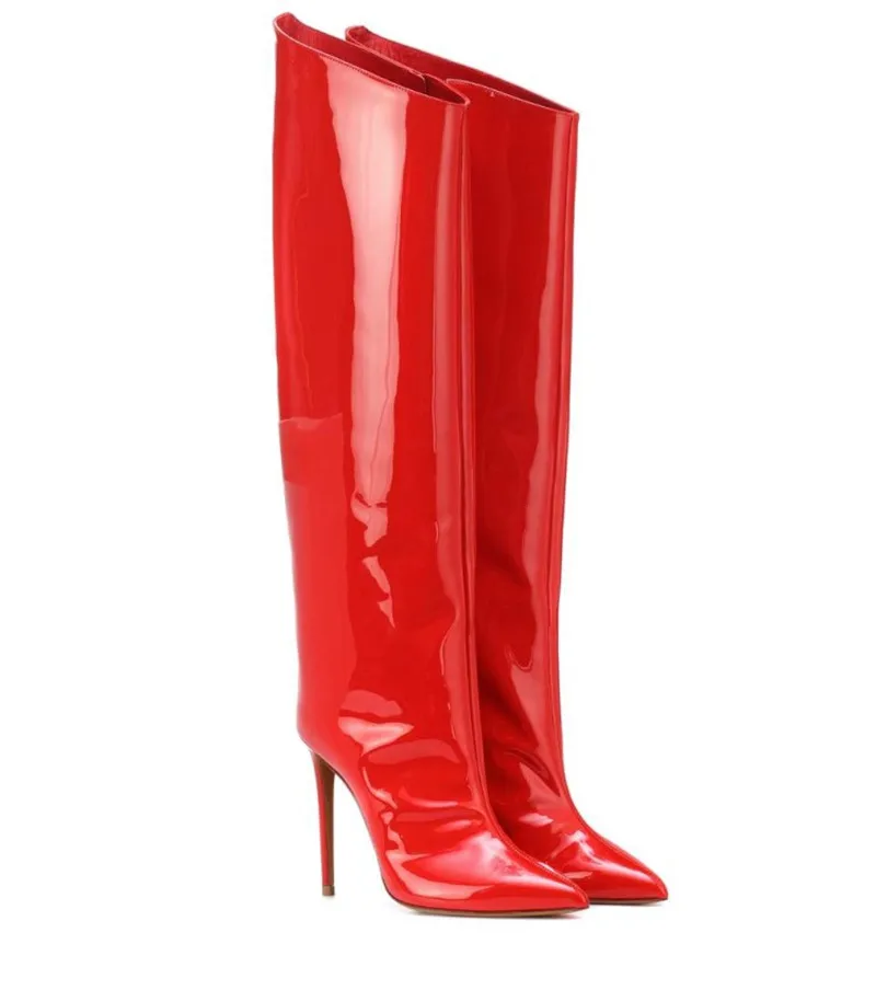 Подиумные туфли на шпильке; яркие цвета; зеркальные кожаные женские сапоги-ботфорты с металлическим украшением; сапоги до колена на очень высоком каблуке размера плюс