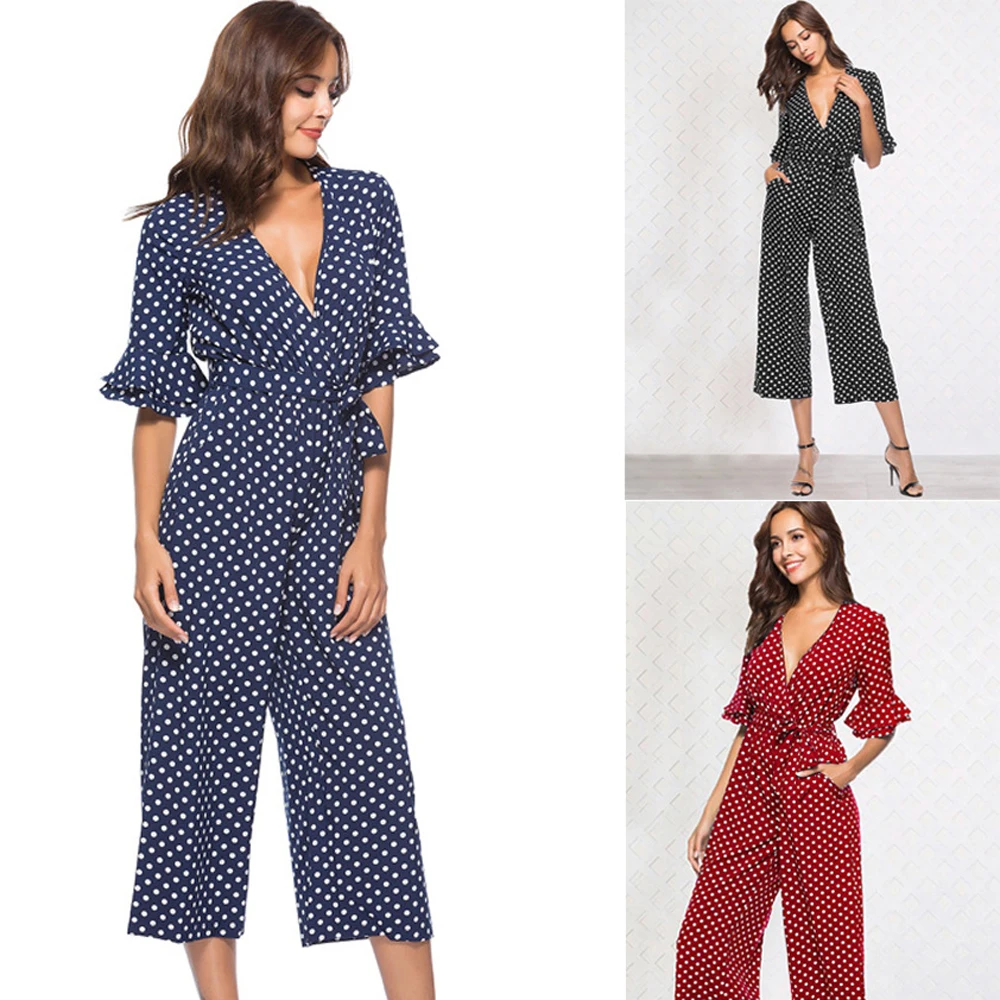 

2019 Summer Jumpsuit Womens Overalls Flare Sleeve Sexy Polka Dot Printed Jumpsuit Deep V Beach Jumpsuit With Belt WDC1959