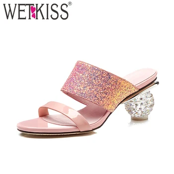 

WETKISS 2018 Summer Open Toe Women Slippers Basic Mules Shoes Bling Ladies Slides Strange Crystal High Heel Footwear Black Pink