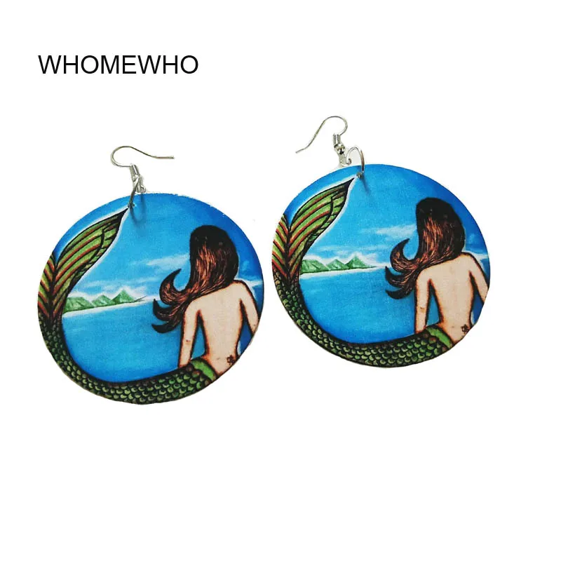 

DIY Handmade Wood Africa Mysterious Mermaid Sea life Tribal Totem Vintage Drop Earrings Wooden African Bohemia Afro Ear Jewelry