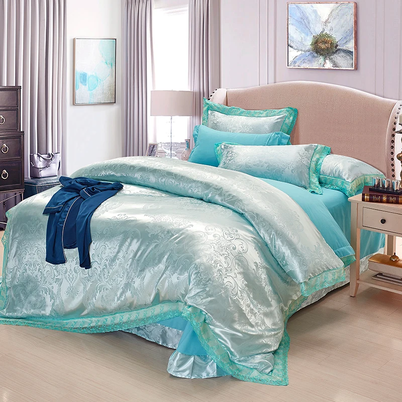 

4pcs Green Jacquard Satin bedding set king queen Luxury Tribute quilt/duvet cover bed linen lace bedclothes set home textile