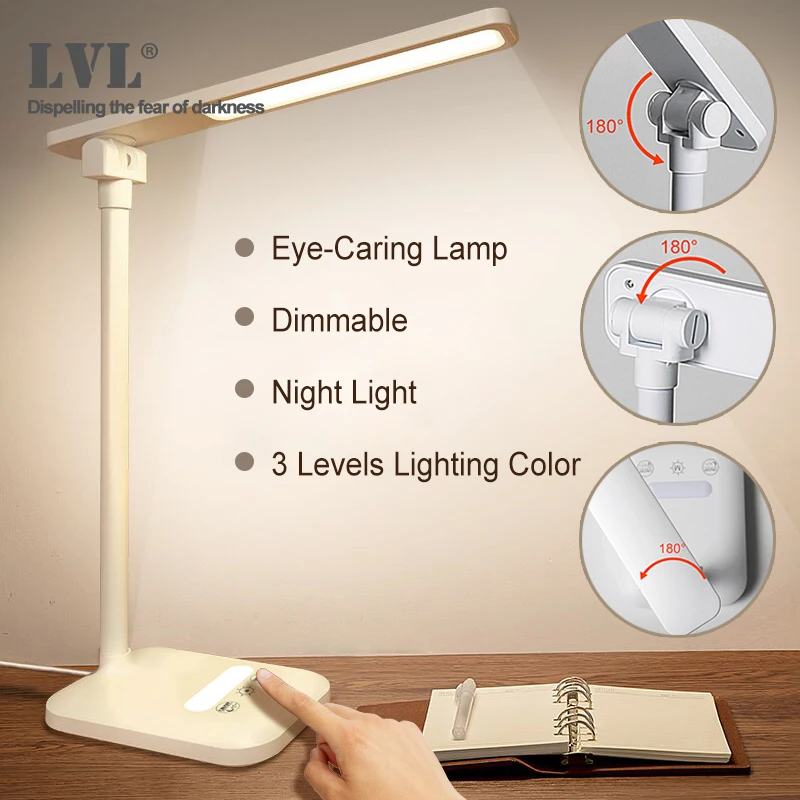 

7W LED Desk Lamp Touch Sensitive Controller 3 Levels Lighting Color Night Light Function USB Charging Port Led Table Light