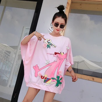 

European Station Fashion Card Sequin Printed Bat Sleeve Ladies T-shirt Short Sleeve Loose Teddy Leopard Short Sleeve Top Summer