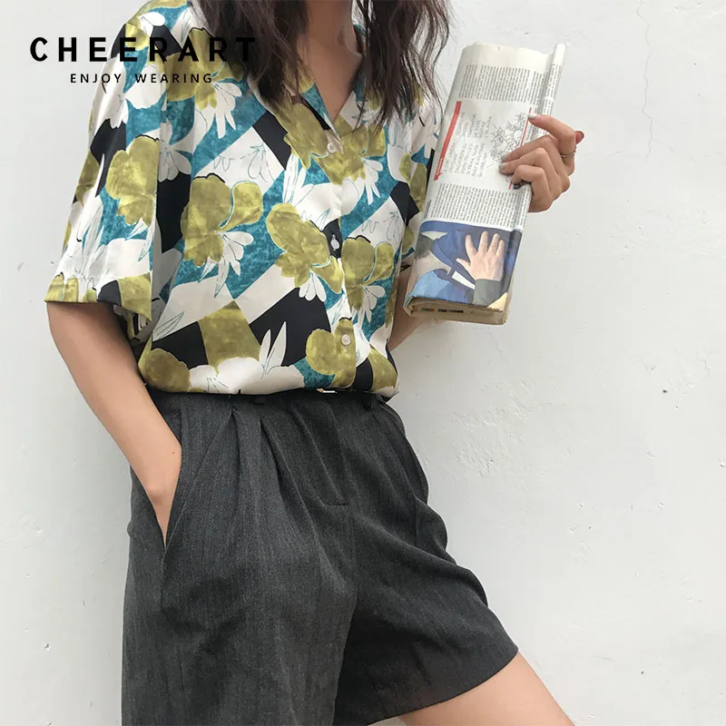 Женская блузка с отложным воротником Cheerart свободная цветочным принтом в